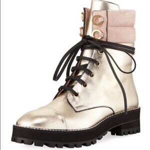 US9❤️ Stuart Weitzman Women Gold Metallic Leather Riding Combat Lace Up Boots
